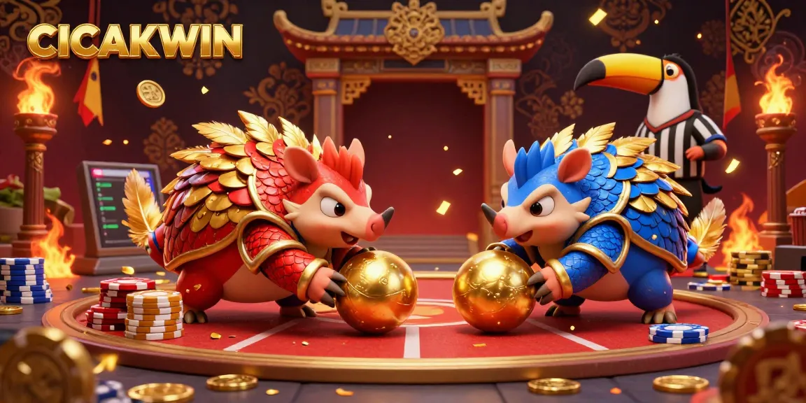 CICAKWIN showcases an exciting scene of rival pangolins in an action-packed gaming arena filled with poker chips and golden elements.
