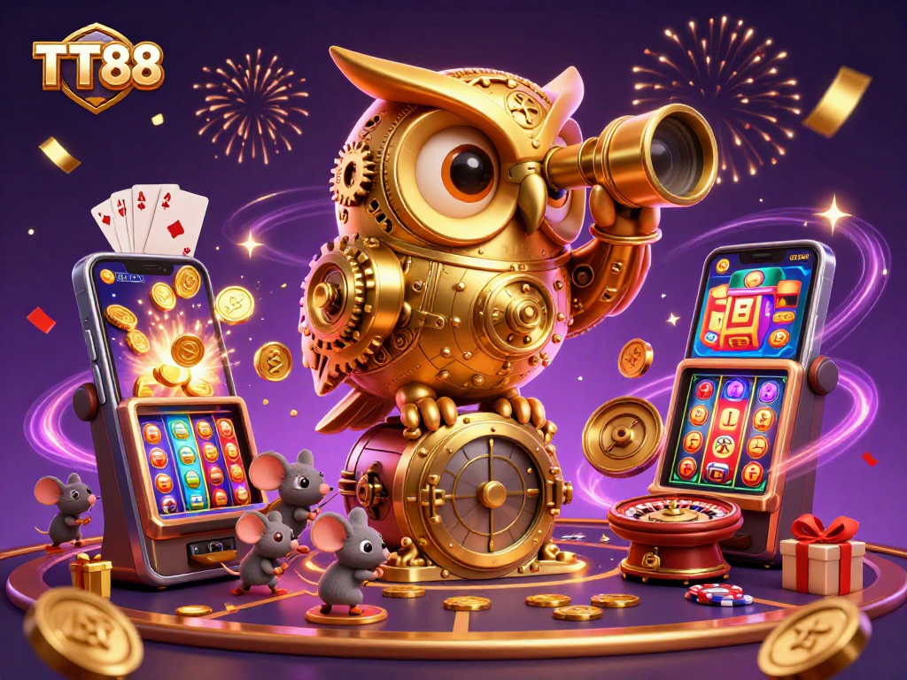 Experience thrilling gaming at TT88 with a whimsical owl and lively casino scene.