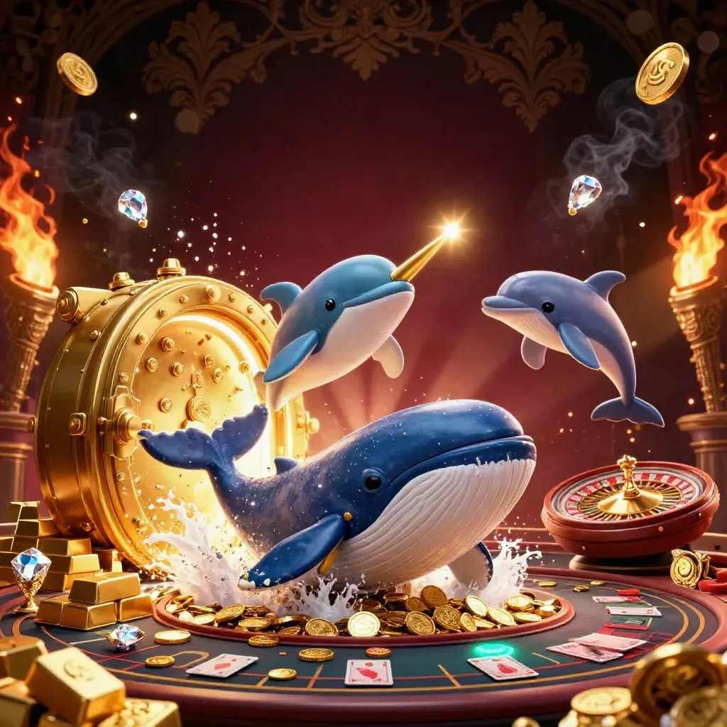 Whale captain, narwhal, and dolphins burst through gold in a neon casino scene