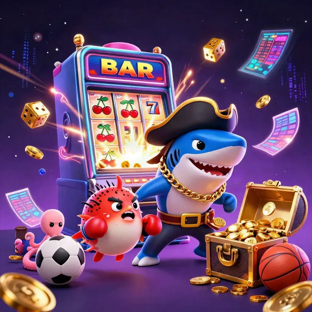 Neon pirate shark, pufferfish, and octopus amid slots, coins, and sports gear.