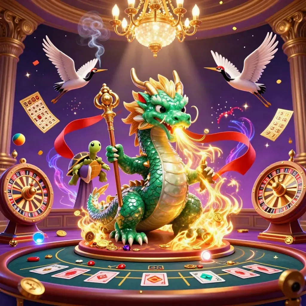 Emerald dragon, turtle sage and cranes in neon casino magic with jackpots and fireworks.