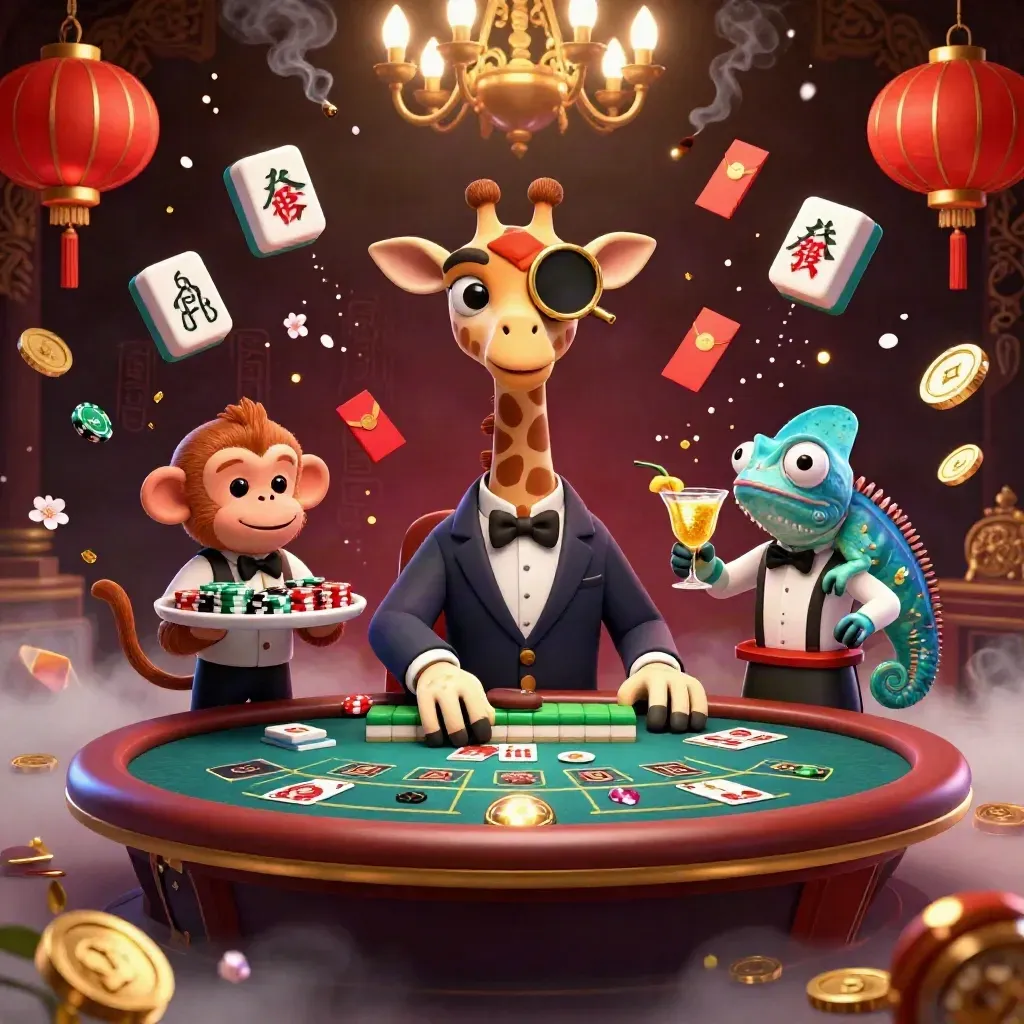 Giraffe, monkey, and chameleon in a luxe neon casino scene with lanterns, coins, and roulette