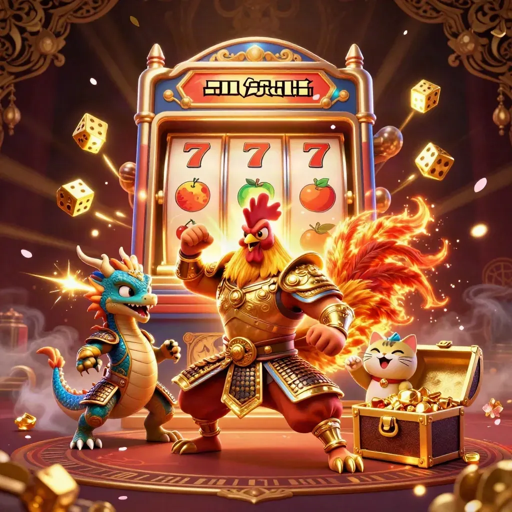 Rooster samurai, spark-breathing dragon hatchling and fortune cat amid jackpot casino explosion.