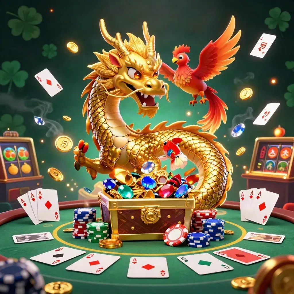 Golden dragon, red phoenix and koi amid casino chips, cards, gems and neon lights.