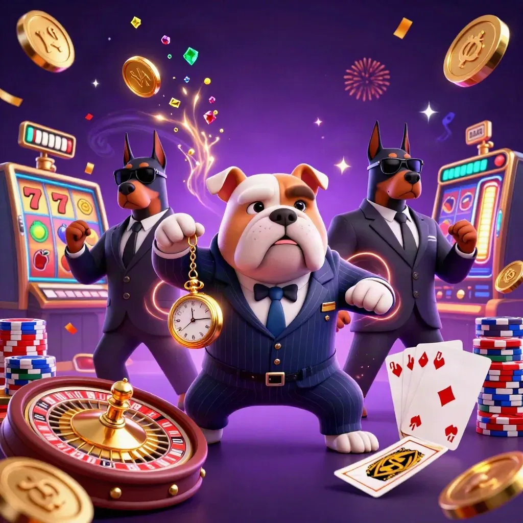 Bulldog casino boss with two Dobermans amid gold coins, cards, chips and neon sparks.