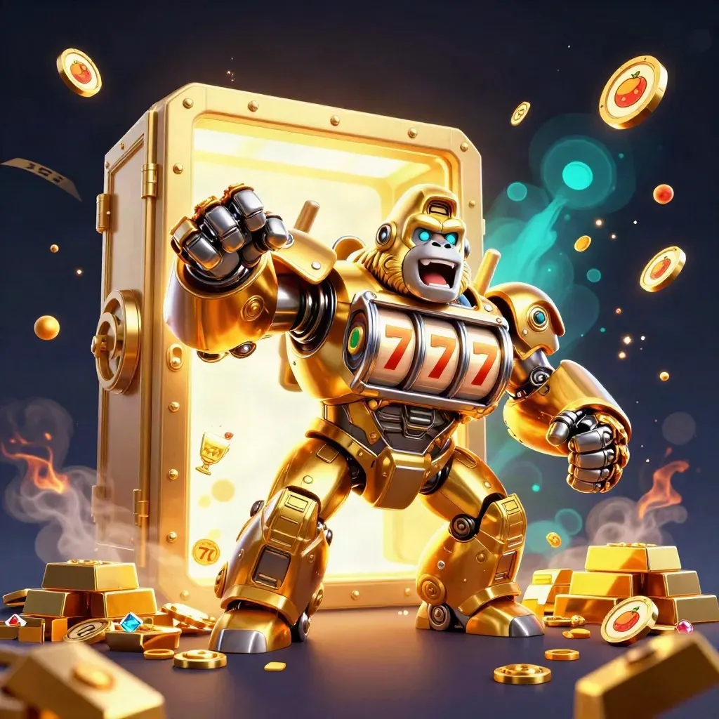Golden slot-mech gorilla with tiny pilot, vault burst, gold loot and teal sparks