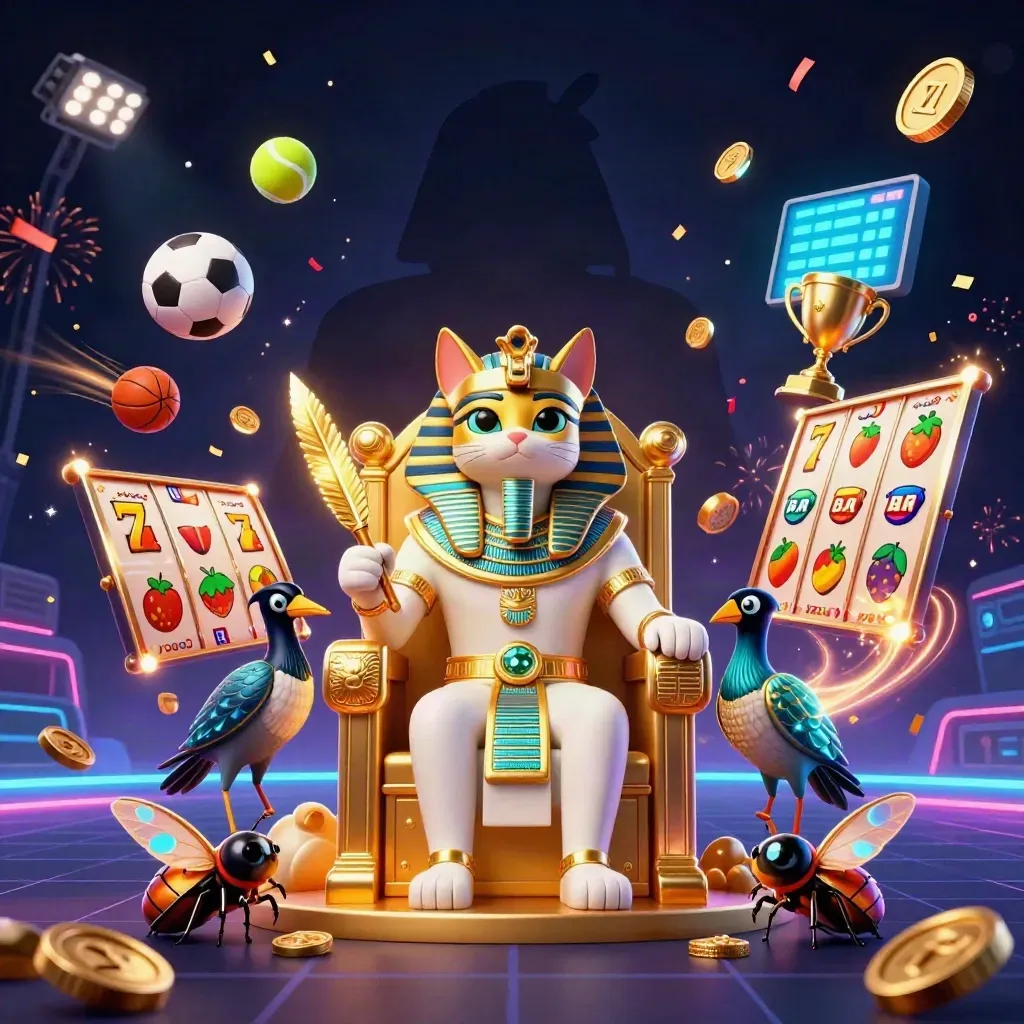 Golden pharaoh cat throne with ibis, scarabs, and casino symbols in neon teal and gold.