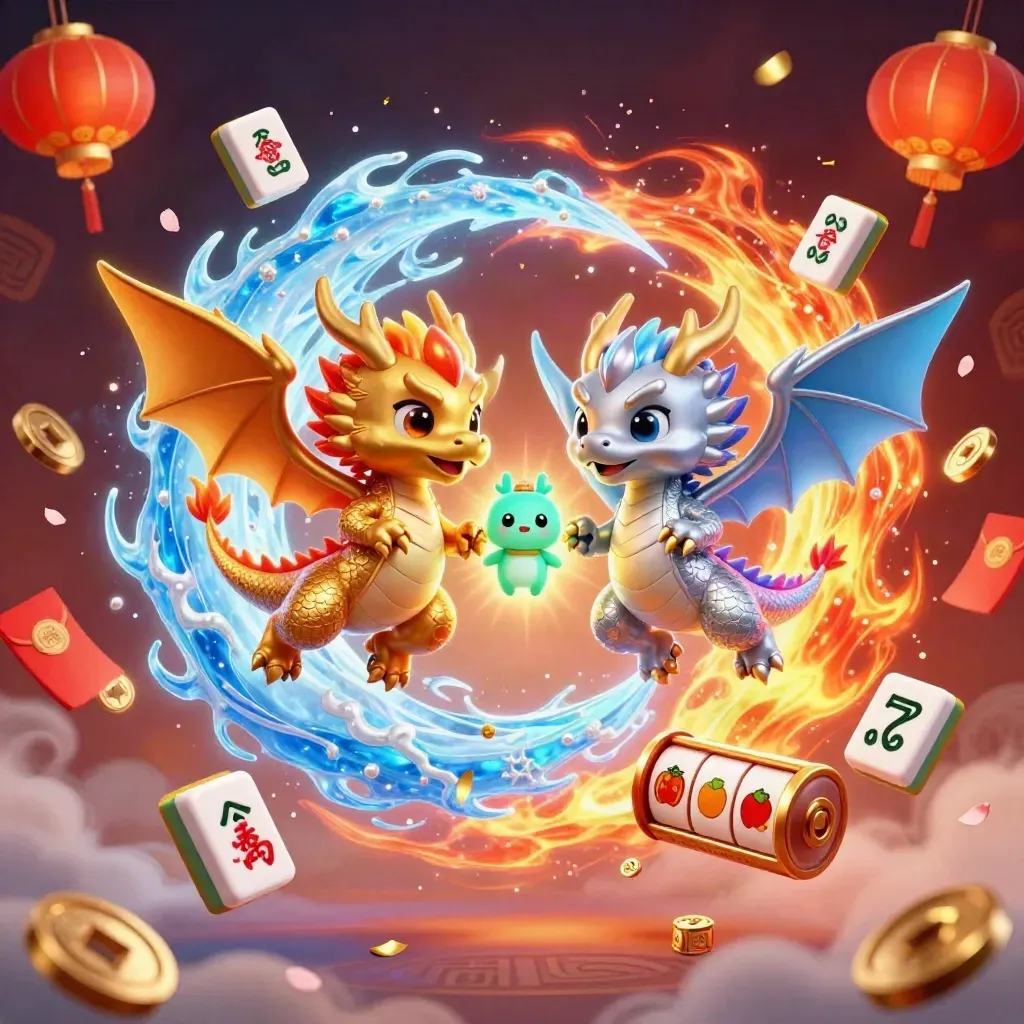 Gold and silver dragons in yin-yang flight amid casino charms and glowing lanterns.