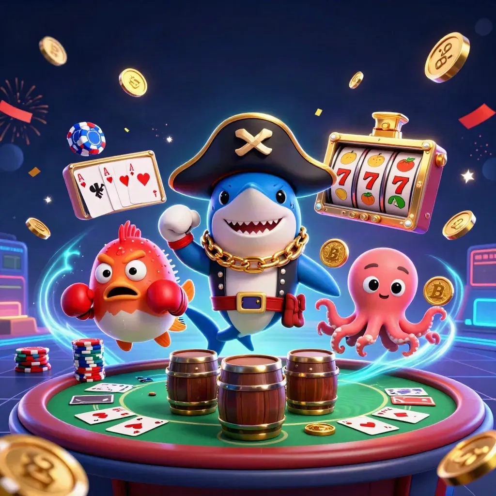 Shark pirate, boxing pufferfish, and juggling octopus over neon casino chips and cards.