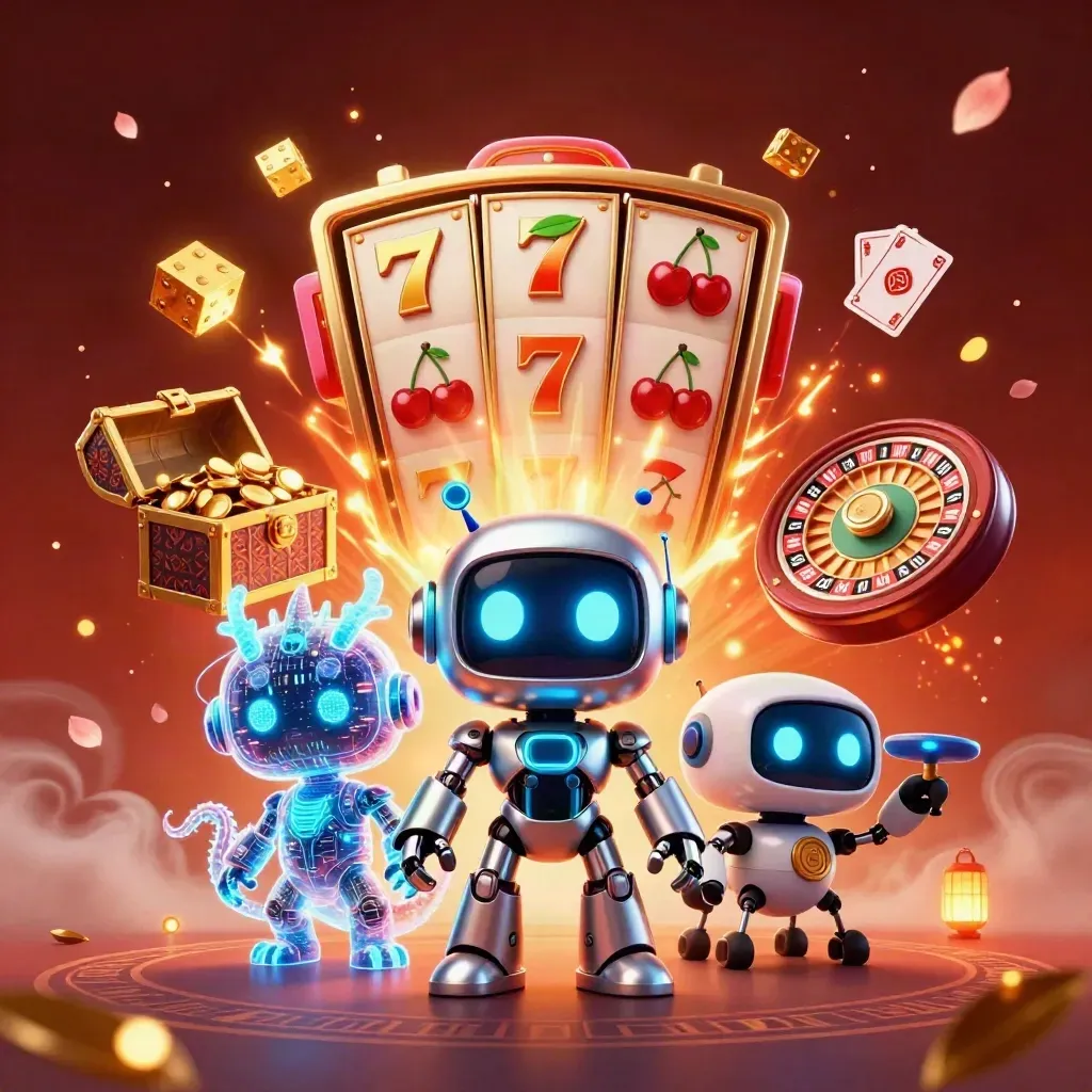 Cyberpunk robot, holographic dragon, and coin drone amid jackpot burst, dice, cards, and neon glow.
