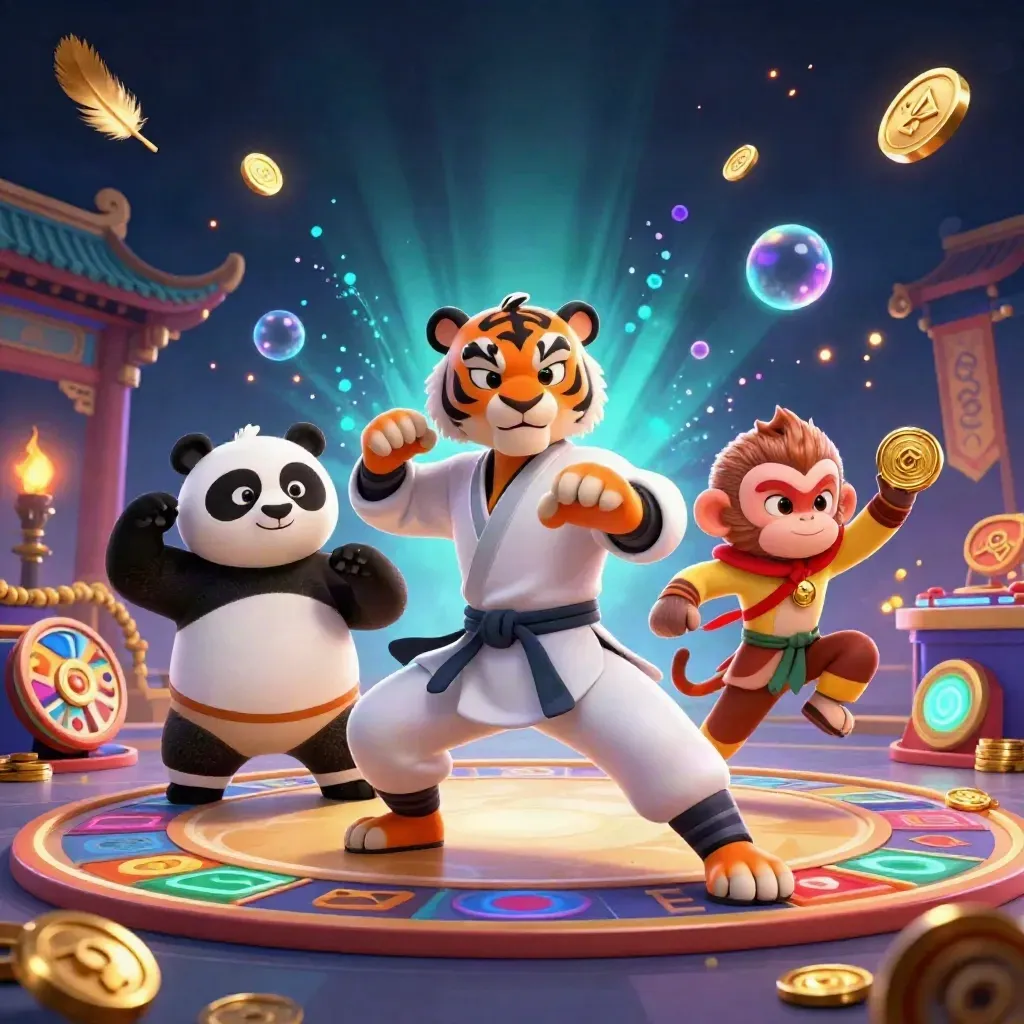 Kung-fu tiger, panda, and monkey amid neon casino gold, spinning roulette, and teal sparks