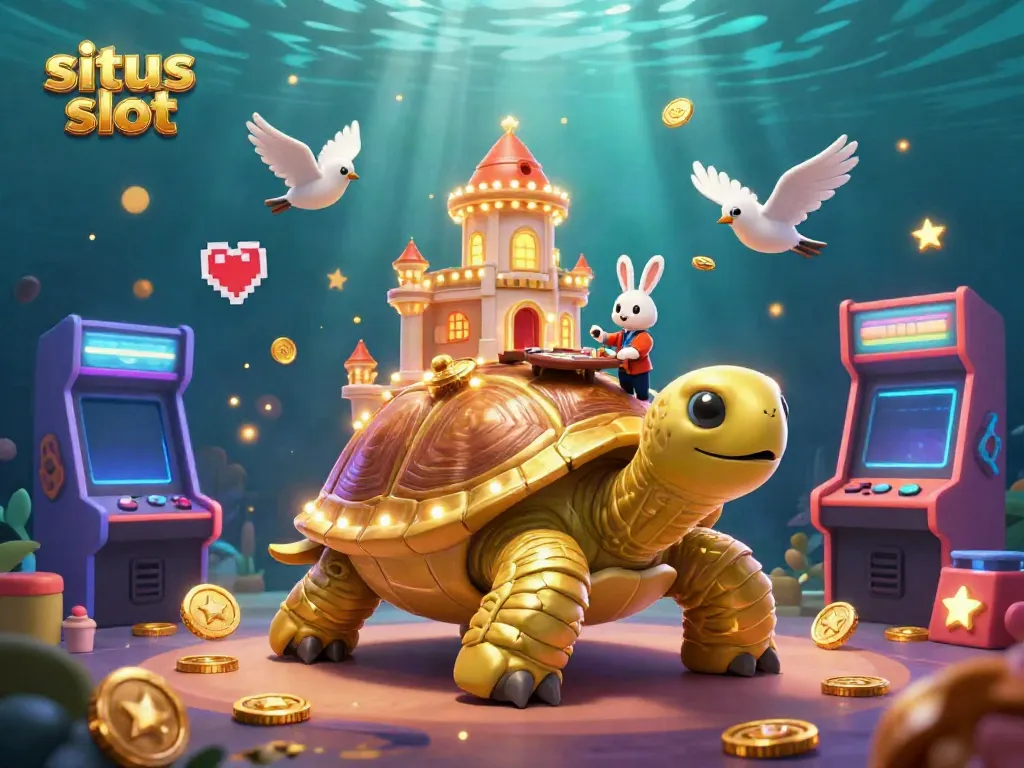 Experience situs slot with a vibrant golden tortoise casino scene featuring a dealer and flying coins.