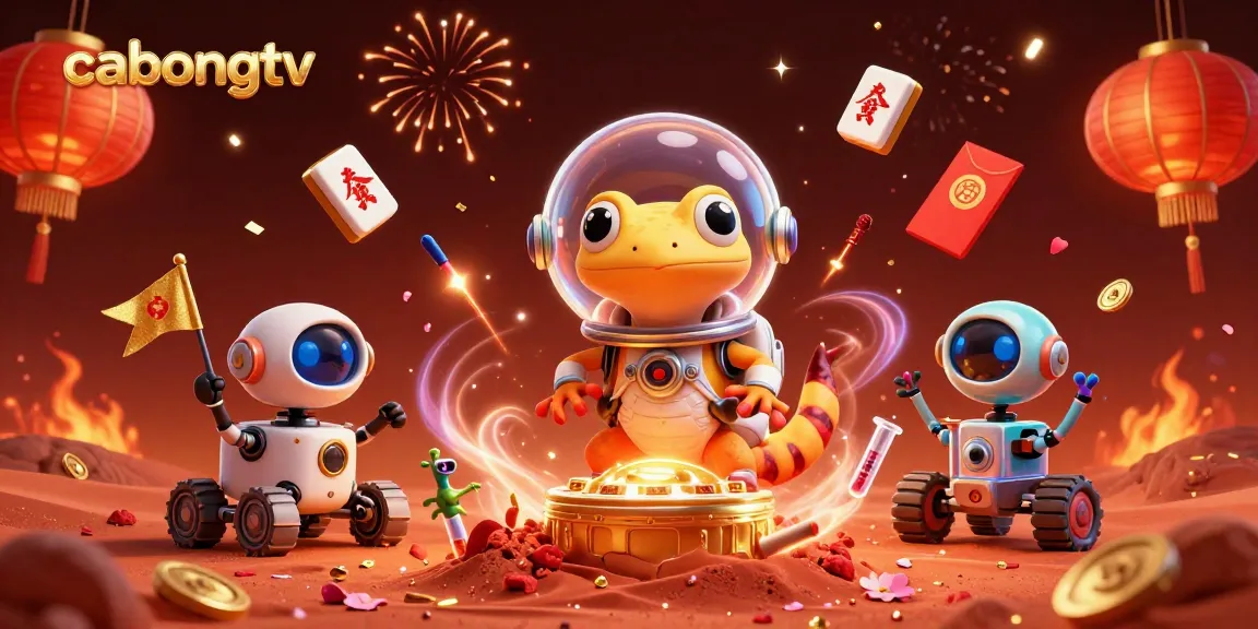 cabongtv showcases Martian gecko uncovering a golden casino amidst glowing game elements and fireworks.
