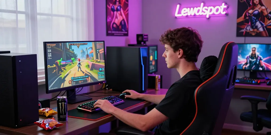 A young male gamer immersed in online adult games at home, surrounded by colorful gaming gear and snacks, capturing the essence of lewdspot.