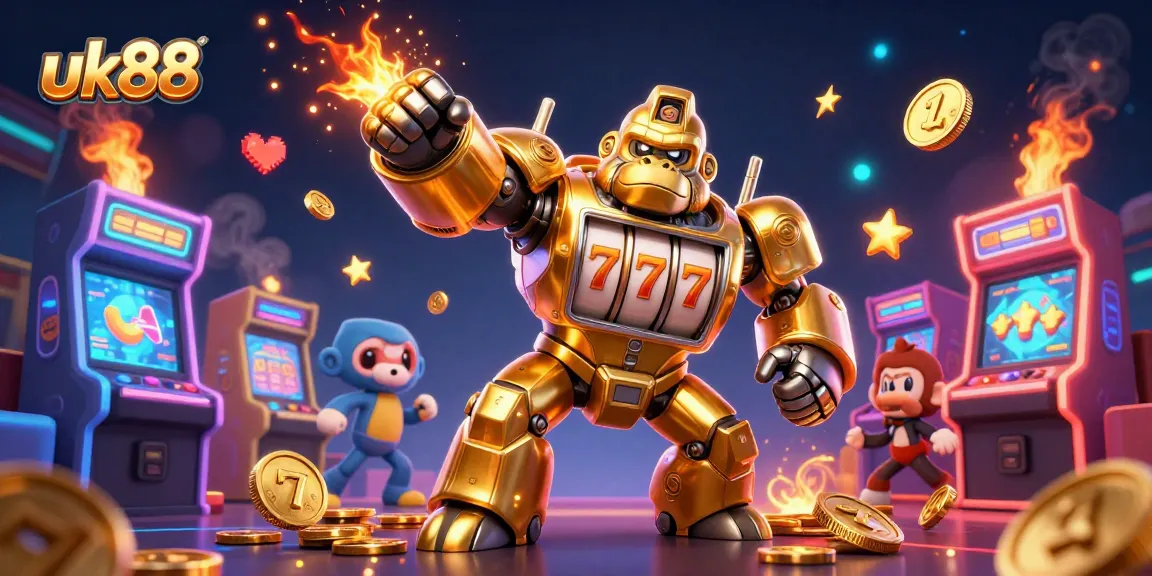 uk88 transforms casino experience with a golden gorilla mech and vibrant gaming elements.