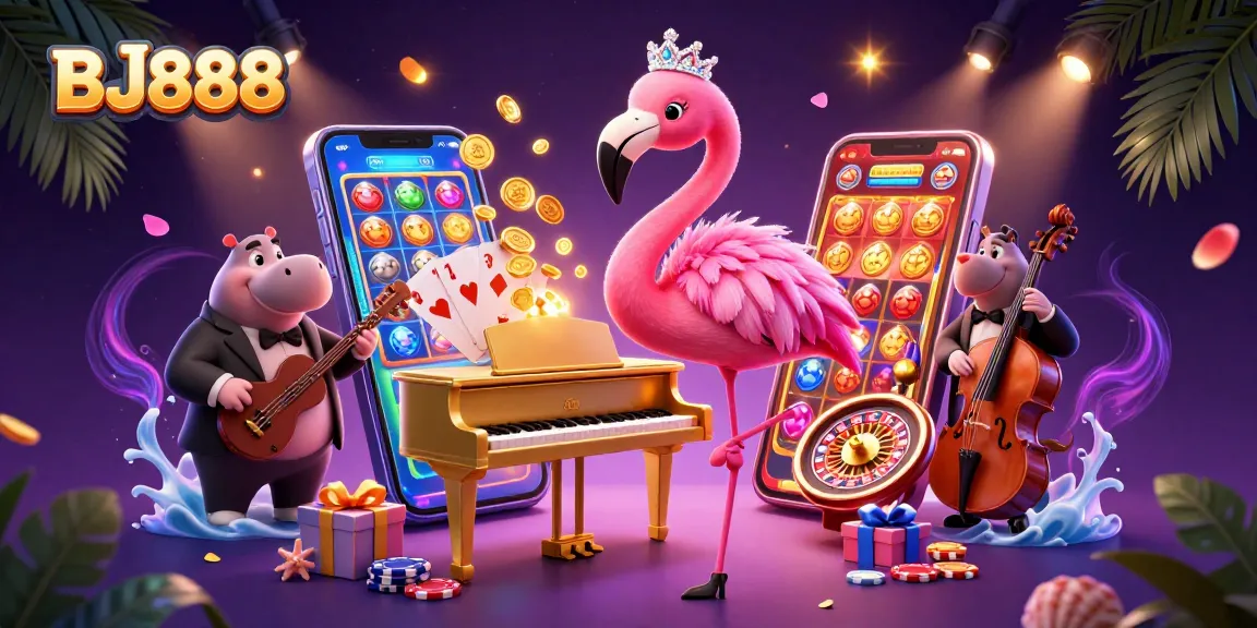 Experience the thrilling atmosphere at BJ888 with vibrant characters and exciting casino elements.