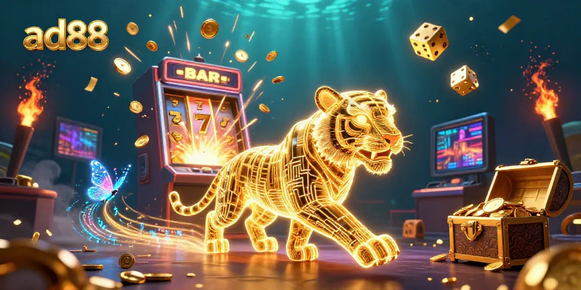 Experience the thrill of ad88 with vibrant casino visuals, featuring slot machines and lucky symbols.