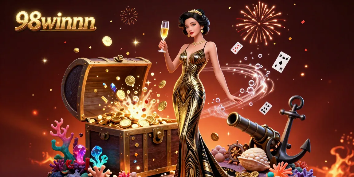 Experience excitement at 98winnnn with a glamorous 3D casino scene featuring games and treasures.