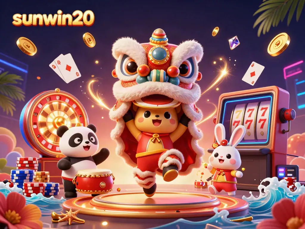 Experience the thrill of the sunwin20 casino with vibrant characters amidst golden coins and game elements.