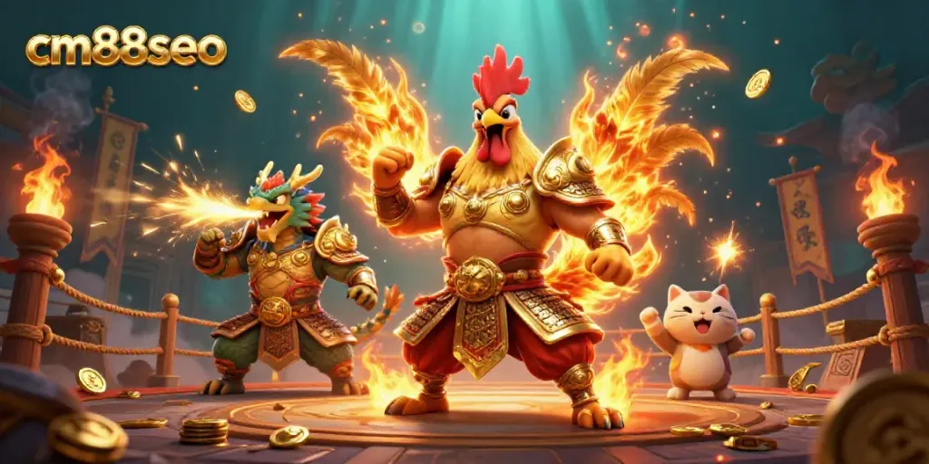 Engage with cm88seo in an epic casino-themed illustrated scene featuring a rooster warrior and dragon hatchling.