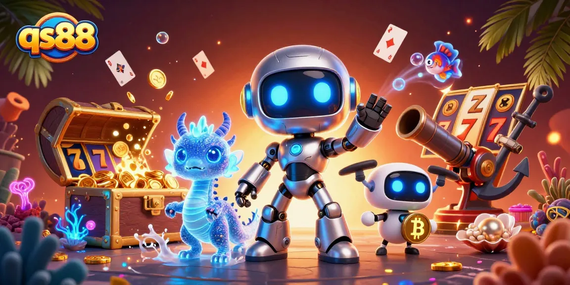 Win big with qs88 in this vibrant 3D casino scene featuring dynamic gaming elements.