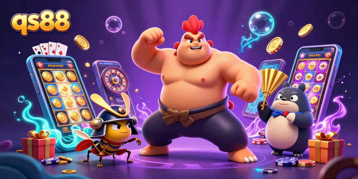Experience exciting wins at qs88 with a dynamic casino scene featuring a sumo rooster, samurai cricket, and golden coins!