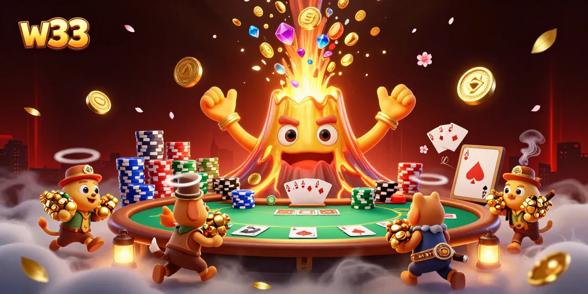 Experience the excitement of w33 casino with a vibrant eruption of treasures and gaming elements.