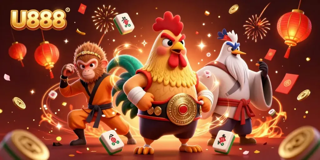 Experience the thrill of U888 gaming with vibrant characters and dynamic casino elements.