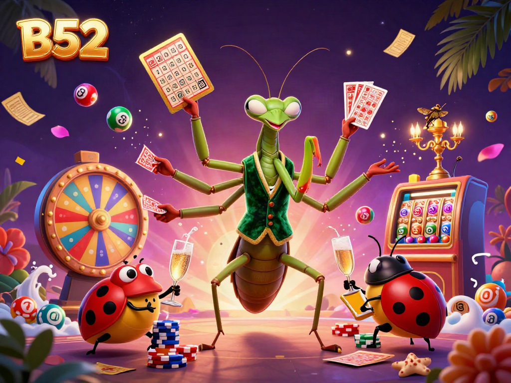 B52-themed vibrant casino scene with a giant mantis dealer, ladybug pit boss, and lively gaming elements.