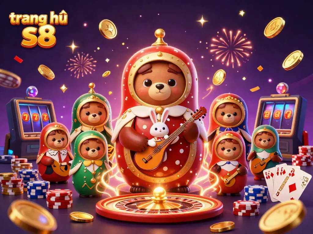 Experience the excitement at trang chủ s8 with a glamorous casino scene featuring characters and iconic gaming elements.