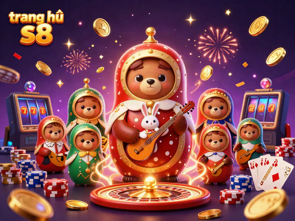 Experience the excitement at trang chủ s8 with a glamorous casino scene featuring characters and iconic gaming elements.