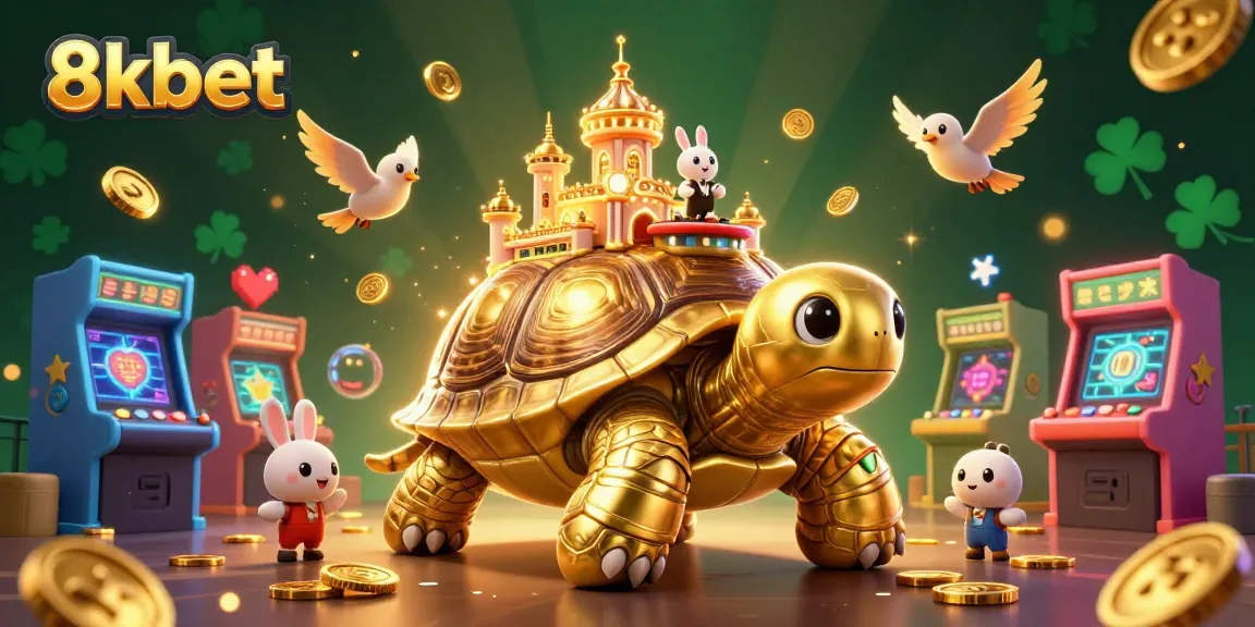 Experience the excitement of 8xbet with a 3D illustration of a golden tortoise casino and dealer!