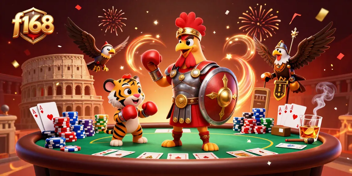 Experience the excitement of f168 in a vibrant casino scene with epic characters and gaming elements.