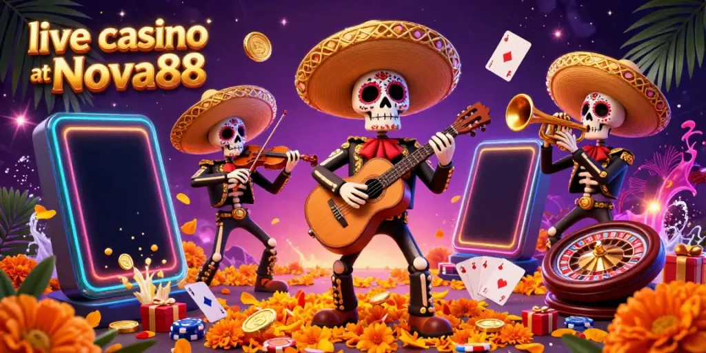 Experience the vibrant live casino at Nova88 with captivating 3D skeleton mariachi characters amidst gaming elements.