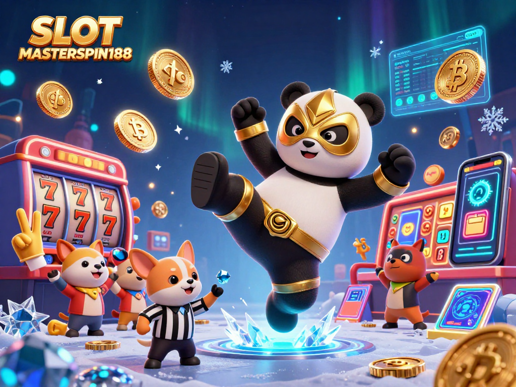 SLOT MASTERSPIN188 features a lively 3D wrestling scene in a casino, showcasing vibrant slot games and cryptocurrencies.