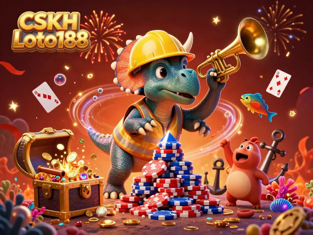 Celebrate with CSKH Loto188 in a vibrant casino-themed illustration of dinosaurs amidst a gold explosion.