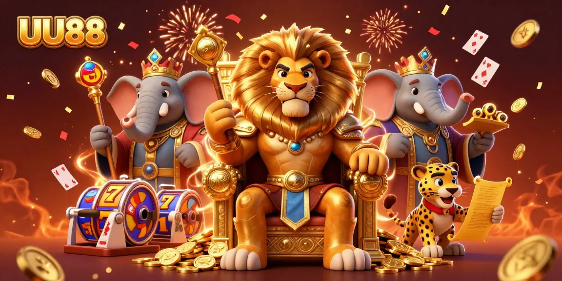Experience thrilling wins with UU88 as the lion king and companions reign over a vibrant casino scene.