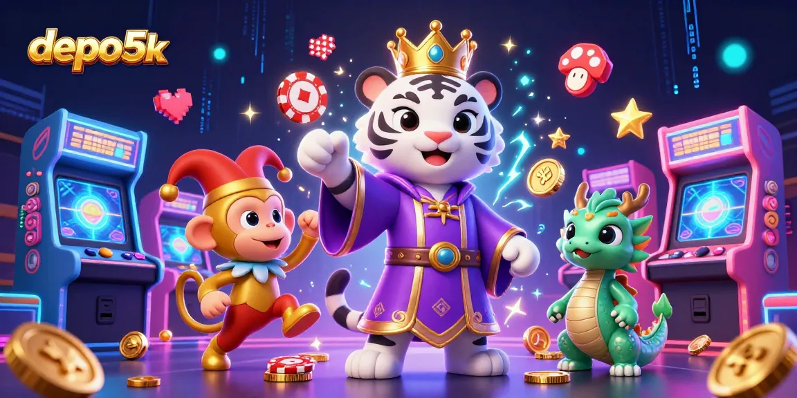 Engage with depo 5k through an energetic casino scene featuring vibrant characters and game elements.
