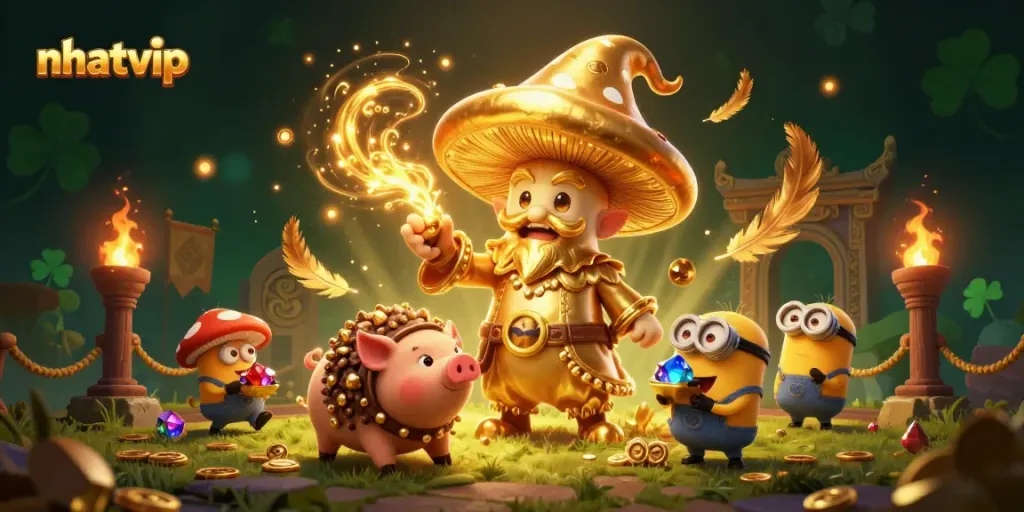 Nhatvip offers thrilling online gaming with a golden mushroom wizard and treasures.