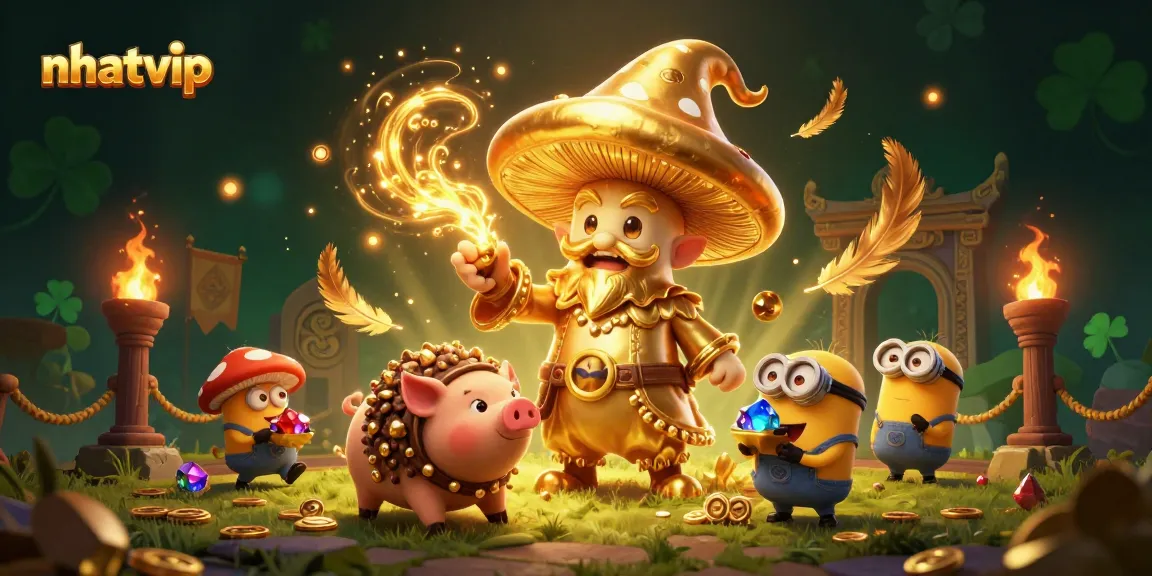Nhatvip offers thrilling online gaming with a golden mushroom wizard and treasures.