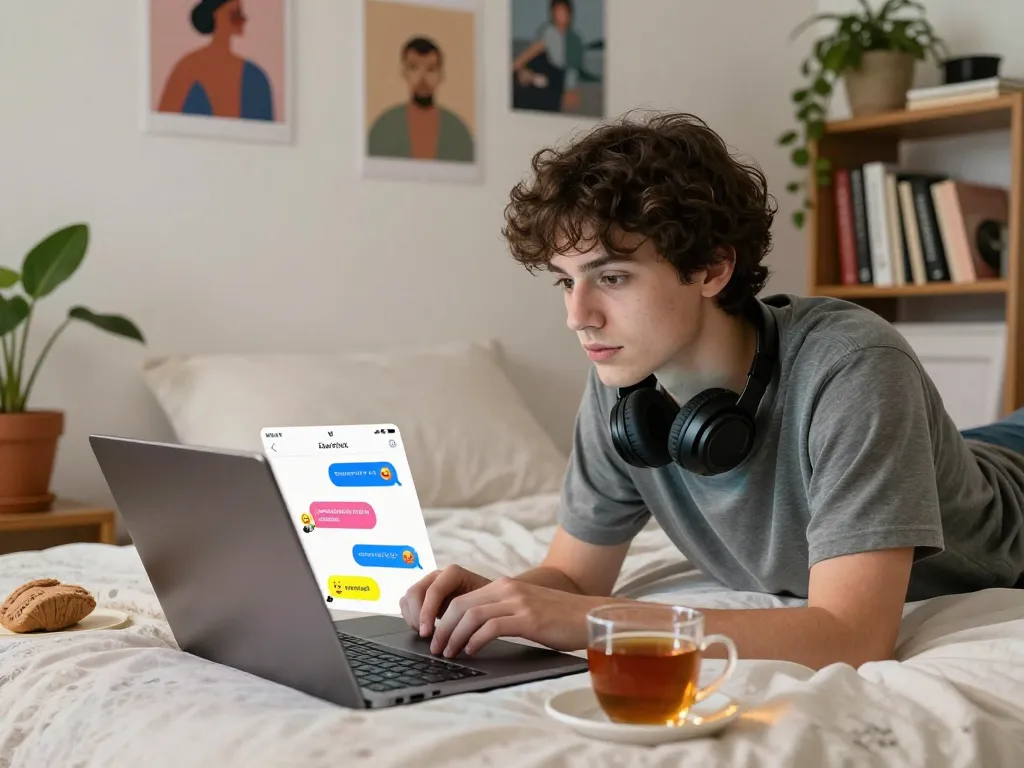 Interactive scene of a user enjoying free ai sex chat on a laptop in a cozy bedroom.