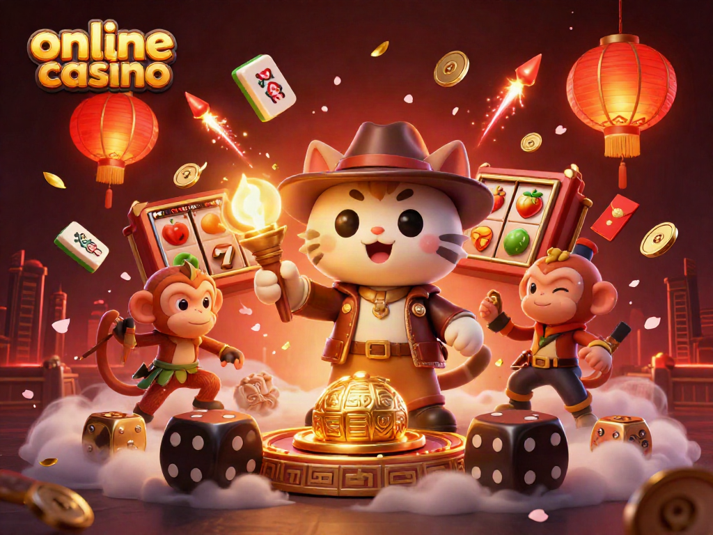 Explore an engaging online casino scene featuring a dynamic cat archaeologist and monkey companion.