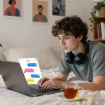 Interactive scene of a user enjoying free ai sex chat on a laptop in a cozy bedroom.