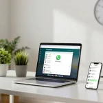 Engaging with WhatsApp網頁版 on a sleek laptop in a modern home office, showcasing productivity and comfort.