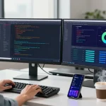 快连 software developer's workspace showcasing coding setup with dual monitors, coffee, and plants in a modern office.