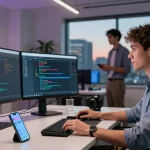 快连 network optimization in modern office with developer coding and teamwork.