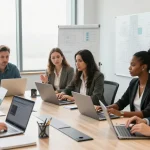 Engaged team discussing effective IT support for businesses in a modern office.